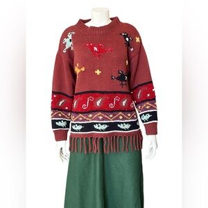 Vintage Holt Renfrew Animals Whimsical Sweater with Fringe Hem Medium Hand Knit